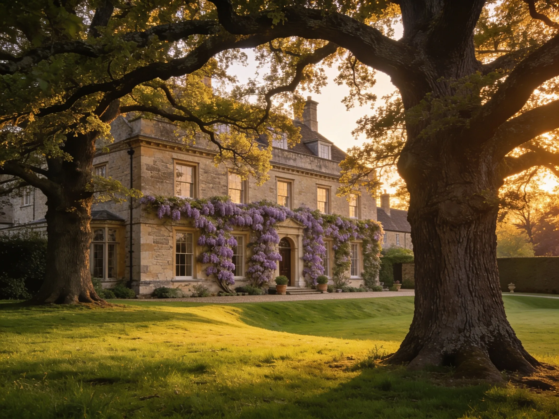 A Surrey country house with a lawn and mature oak trees