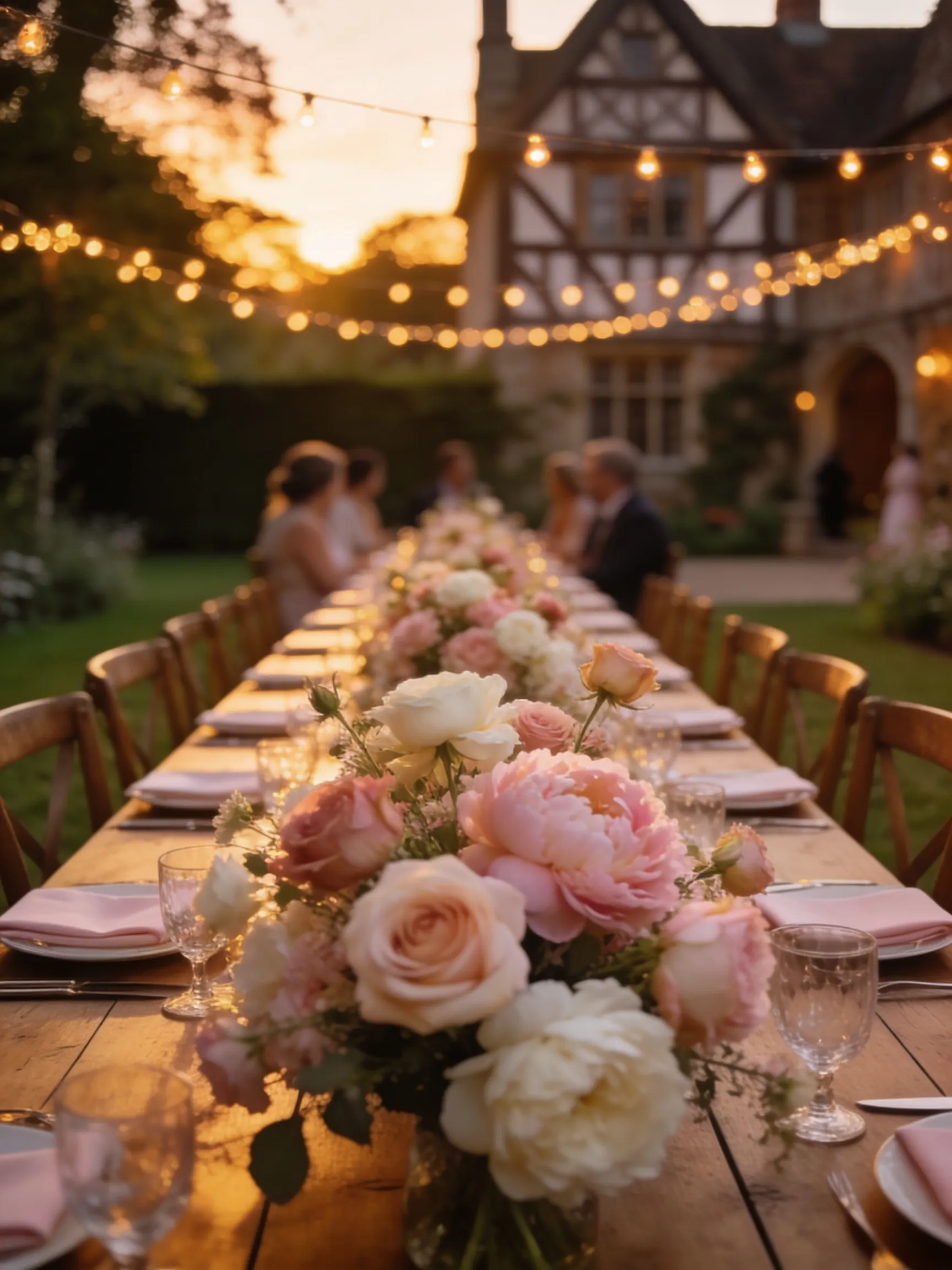 A long wedding table laid in a manor garden at sunset